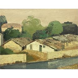 Decastro (Spanish 20th century): Houses at 'Toledo', impasto oil on board signed, titled and dated '49 verso 48cm x 62cm