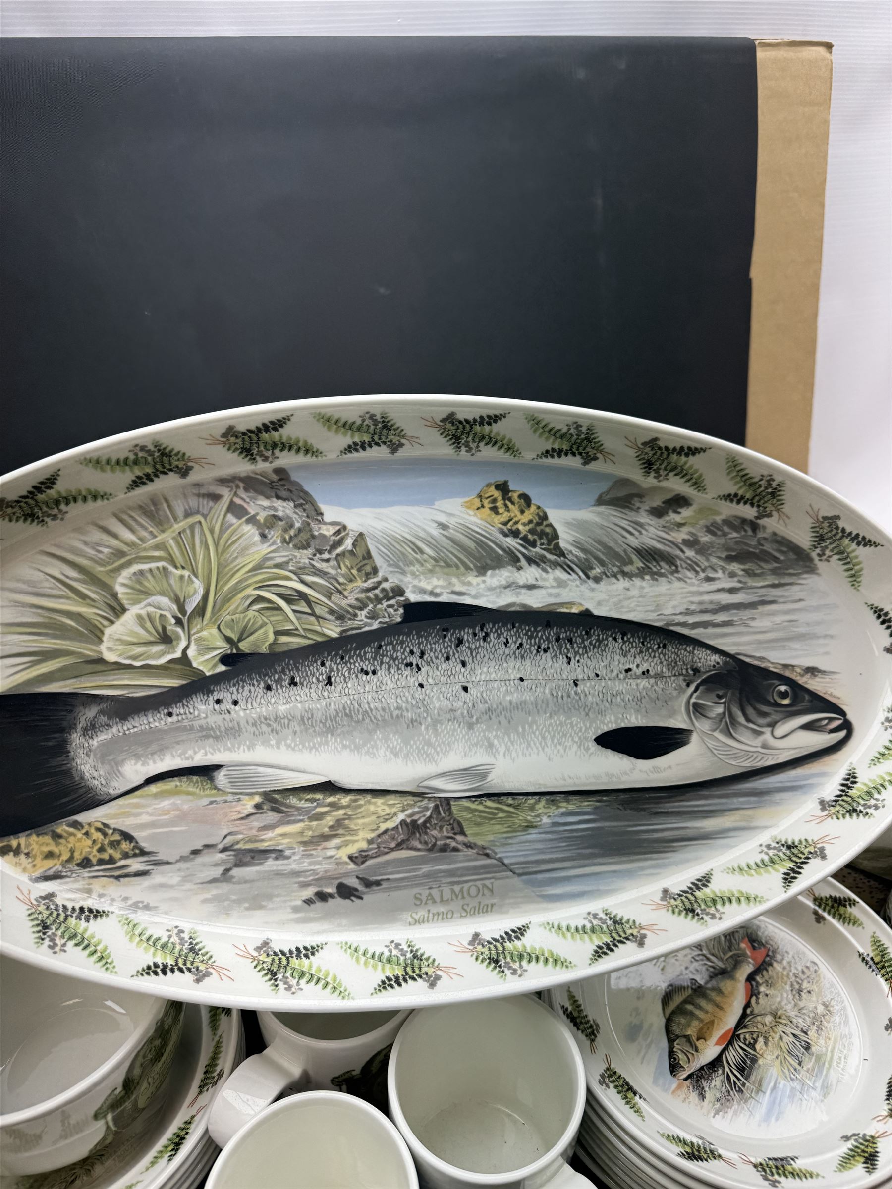 Portmeirion Complete Angler part tea and dinner service, including eleven dinner plates, five bowls, seven mugs etc together with two Royal Worcester cups and saucers