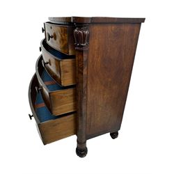 Early Victorian mahogany bow front chest, two short over three long graduating cockbeaded drawers, flanked by faceted columns with carved acanthus leaf capitals, standing on turned bun supports with fluted detailing