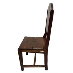 Mid-to-late 20th century teak dining table, rectangular top with canted corners, on square tapering supports with spade feet (214cm x 119cm, H76cm); and a set of eight Burmese reclaimed teak dining chairs, high arched back over panelled seat