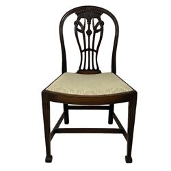 Pair of Georgian design mahogany D-end tables, reeded edge over banded frieze, on square tapering supports; with set of four (3+1) Hepplewhite design mahogany dining chairs, elaborately pierced and carved splat with festoons over dished seat, on fluted supports (W63cm H98cm)