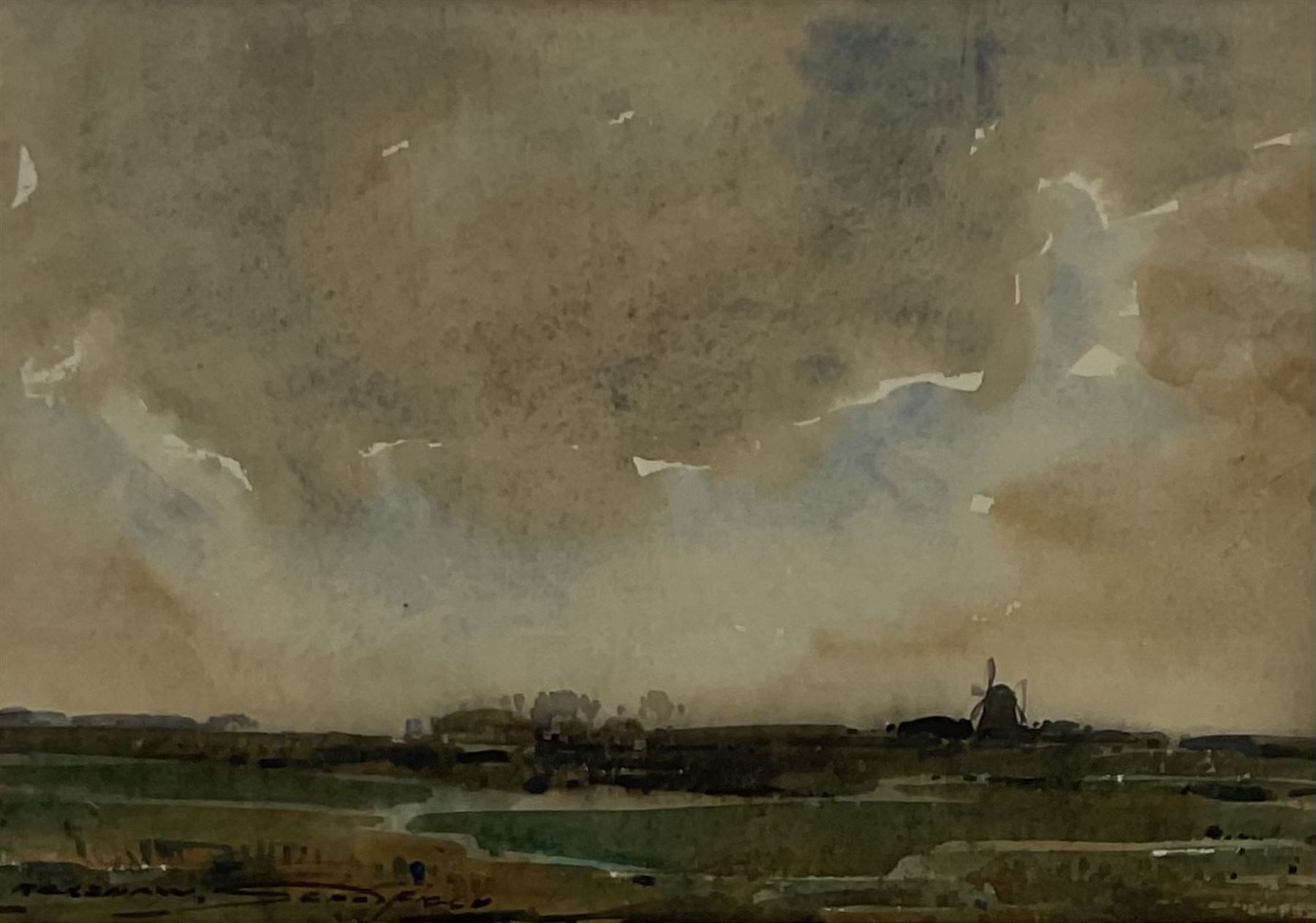 Kershaw Schofield (British 1872-1941): Estuary Scene with Windmill, watercolour signed 19cm x 26cm