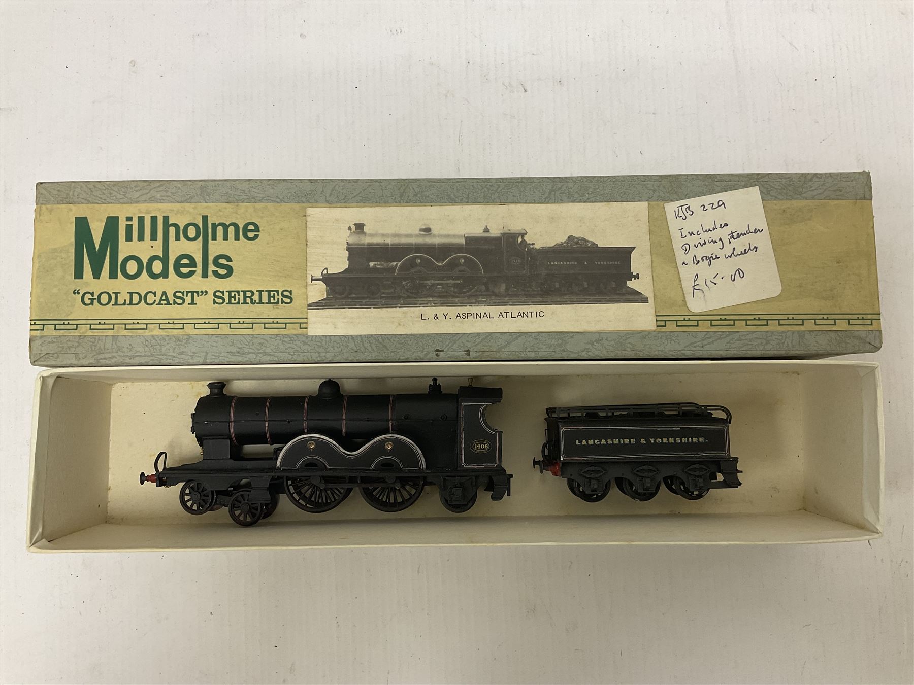 Millholme Models ‘00’ gauge - kit built ‘Goldcast’ series L.&Y. Aspinal Atlantic 4-4-2 no.1406 steam locomotive and tender in LYR black; with original box 