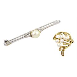 14ct gold round brilliant cut diamond and pearl brooch, stamped 585 and one other white gold single stone pearl brooch, stamped 9ct