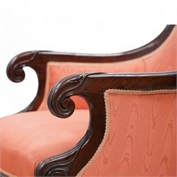 Regency mahogany library reading chair, curved and rolled cresting rail with scroll carved ears, upholstered in pink fabric with sprung seat, out swept arms with scroll carved terminals, on turned and lobe carved front supports with brass and ceramic castors 