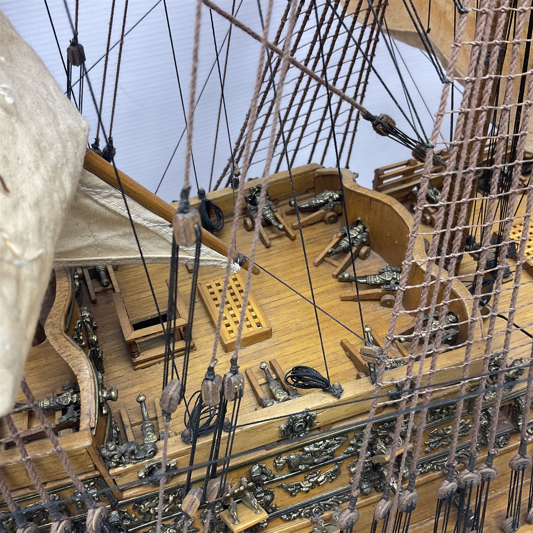 Large kit built scale model of 17th century Royal Navy warship 'HMS Sovereign of the Seas', upon wooden stand with engraved name plaque, H91cm, W111cm