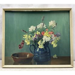 George Ayling (British 1887-1960): Still Life of Flowers in a Blue Jug, oil on board signed 50cm x 60cm 
Provenance: direct from the family of the artist 