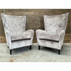 2 x Wing back armchair upholstered in silver crushed velvet fabric