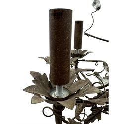 India Jane Interiors - contemporary wrought iron chandelier, adorned with vine and leaf motifs intertwined with faceted glass crystal drops, curved arms supporting six candle-style light fittings, the central stem terminating in a suspension loop