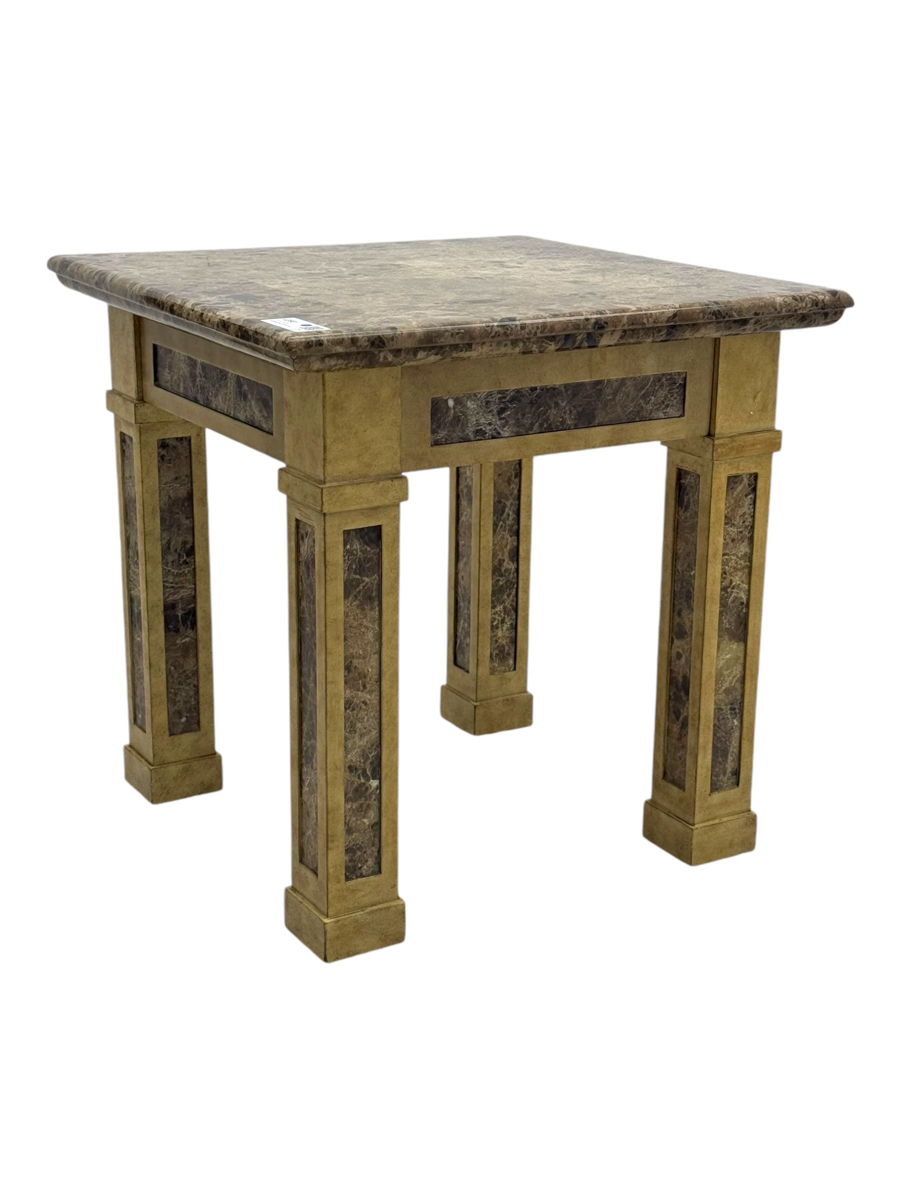 Square lamp table, variegated marble top, on square supports with block feet 