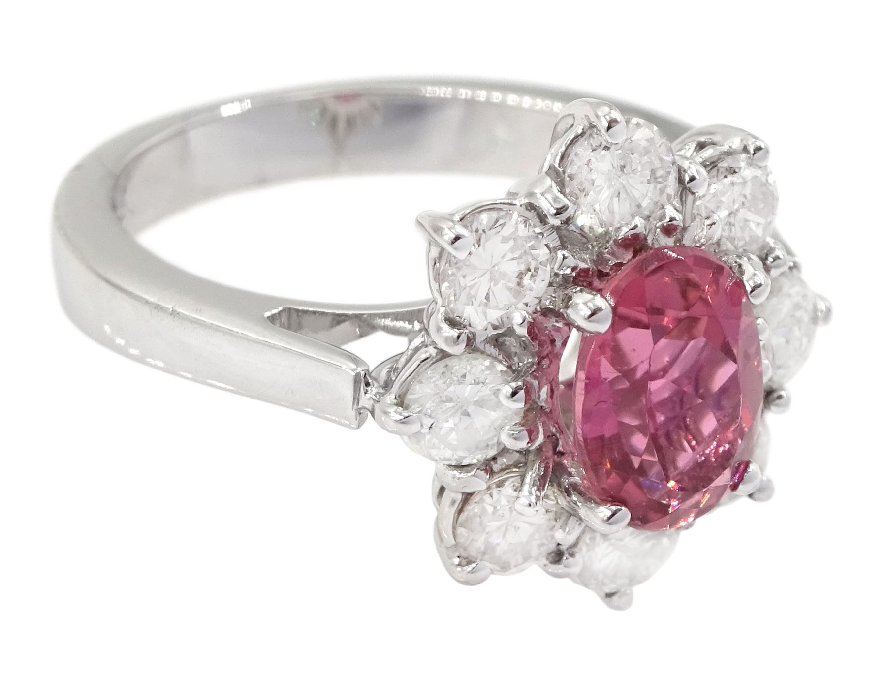 18ct white gold oval pink tourmaline and round brilliant cut diamond cluster ring, hallmarked, tourmaline approx 2.50 carat, total diamond weight approx 0.40 carat