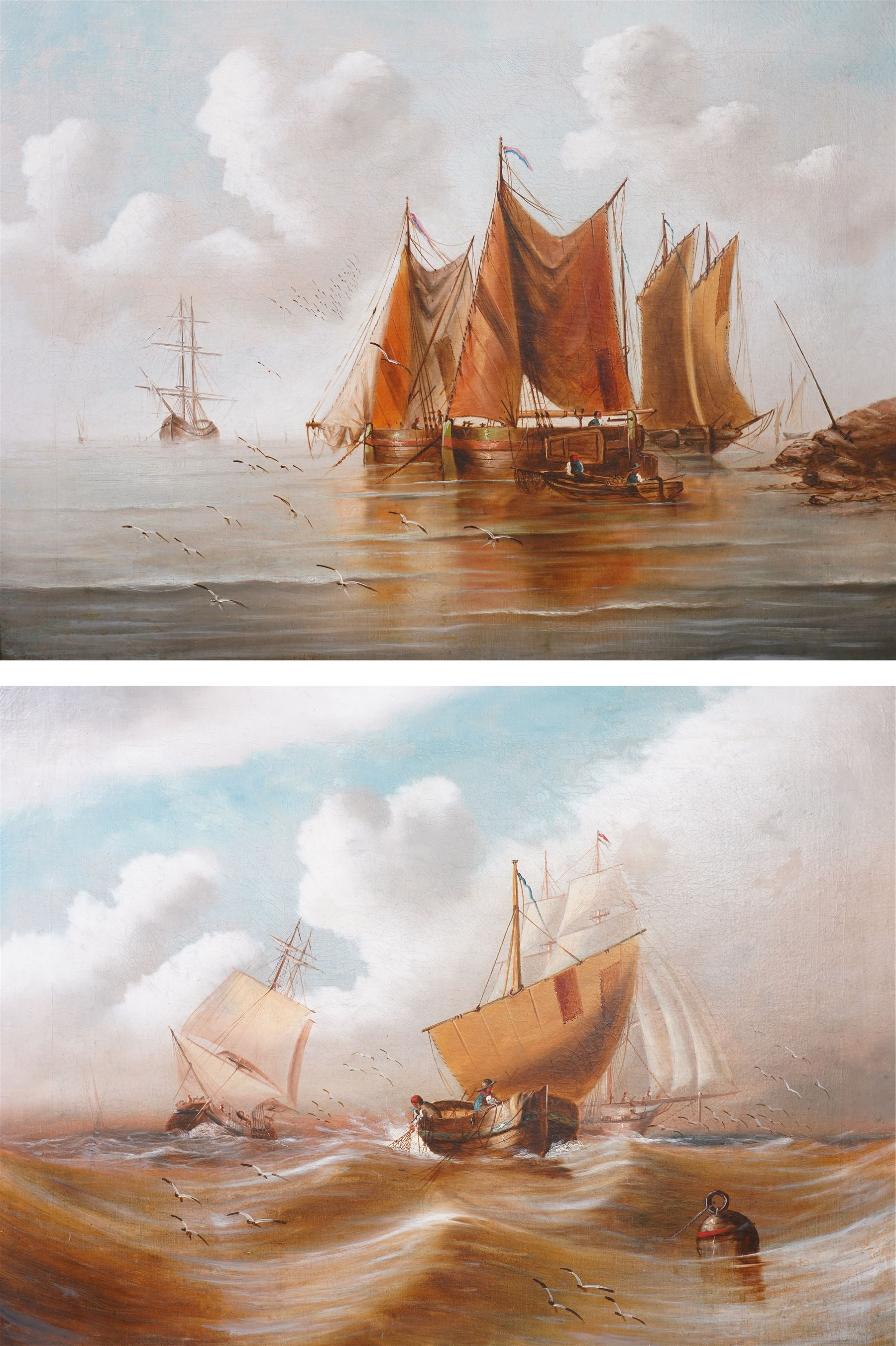 English School (Early 20th century): Fishing in Calm and Rough Seas, pair oils on canvas unsigned, in matching heavy antique gilt frames with repeating anthemion decoration 60cm x 80cm (2)