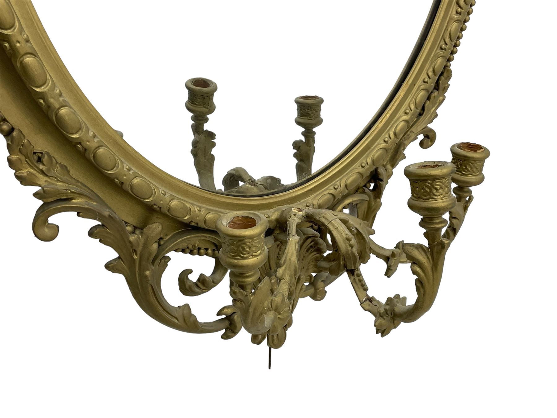 19th century giltwood and gesso girandole wall mirror, the raised pediment decorated with ribbon tie over curled acanthus leaves and flowerhead festoons, oval egg and dart moulded frame with outer bead, three projecting candle sconces in the form of scrolled acanthus leaves, lower shell motif with extending leaf decoration 