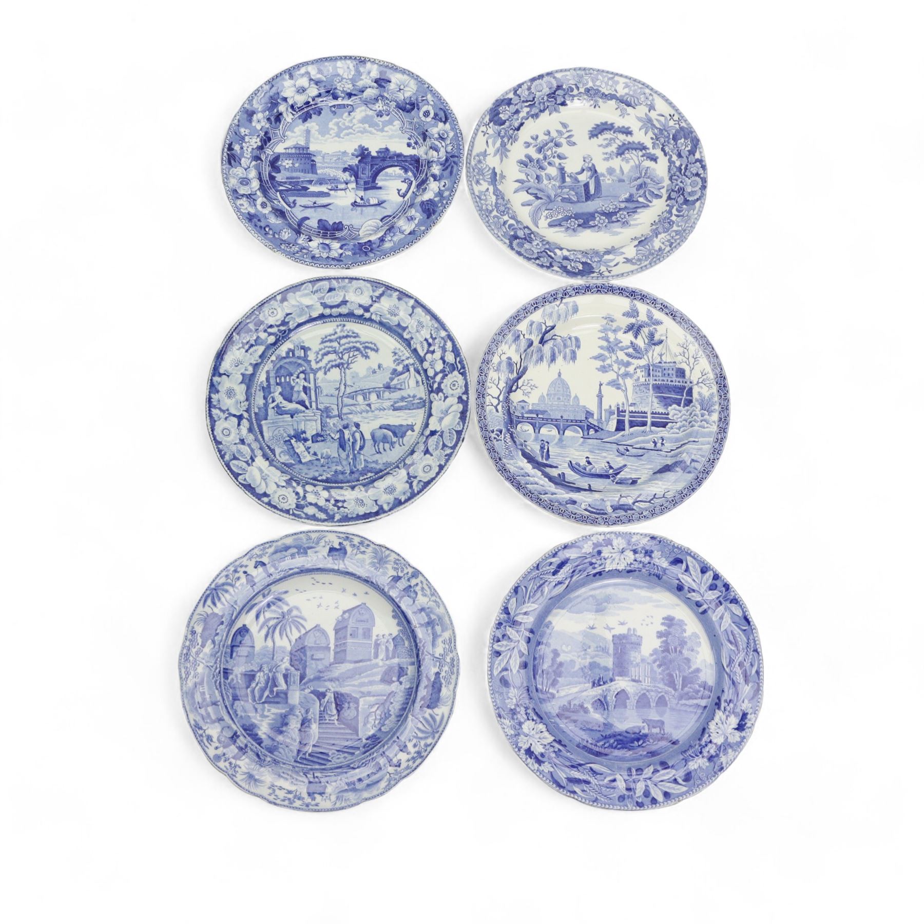 Early 19th century blue and white transfer printed plates including J & R Clews 'Wingfield Castle Suffolk', Copeland & Garrett New Blanche, Brameld 'Apple Collectors, 'Queen of Sheba', Spode 'Sarcophagi & Sepulchres', 'Ponte Rotto' and others (15)