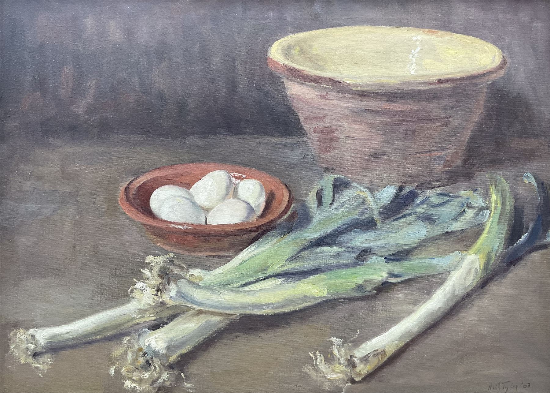 Neil Tyler (British 1945-): Still Life 'Leeks and Eggs', oil on canvas signed and dated '03, 46cm x 64cm
Provenance: exh. Chelsea Art Society, label verso
