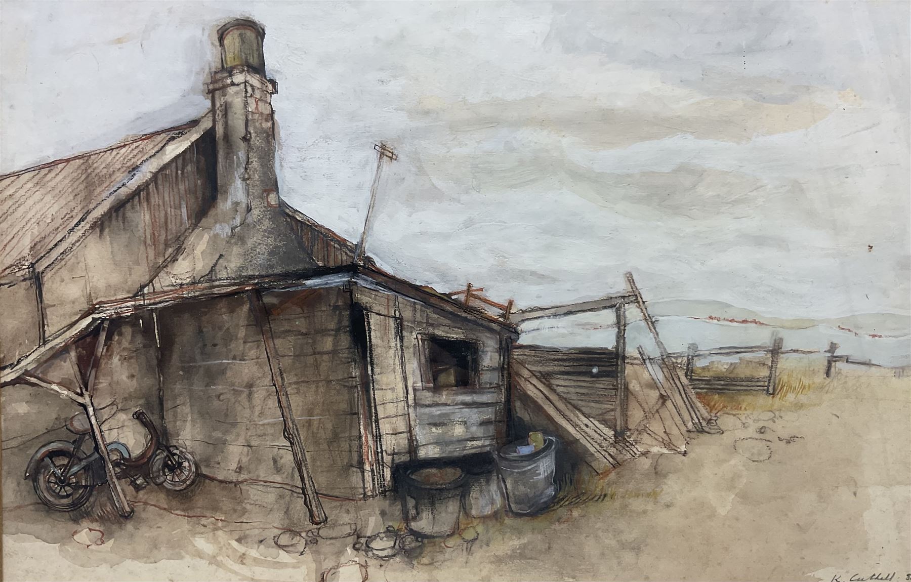 K Cuthall (British 20th Century): Barn, watercolour and gouache signed and dated '80, 36cm x 56cm 