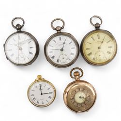 Three silver open face pocket watches including 'The Express Engliish lever', 'Perfection' lever and one other by Ford & Galloway, Birmingham, early 20th century gold-plated half hunter pocket watch, silver Albert watch chain with fob, limit quartz pocket watch and a Ronson lighter