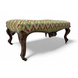 Victorian walnut framed footstool, upholstered in flame stitch fabric, serpentine seat rai...