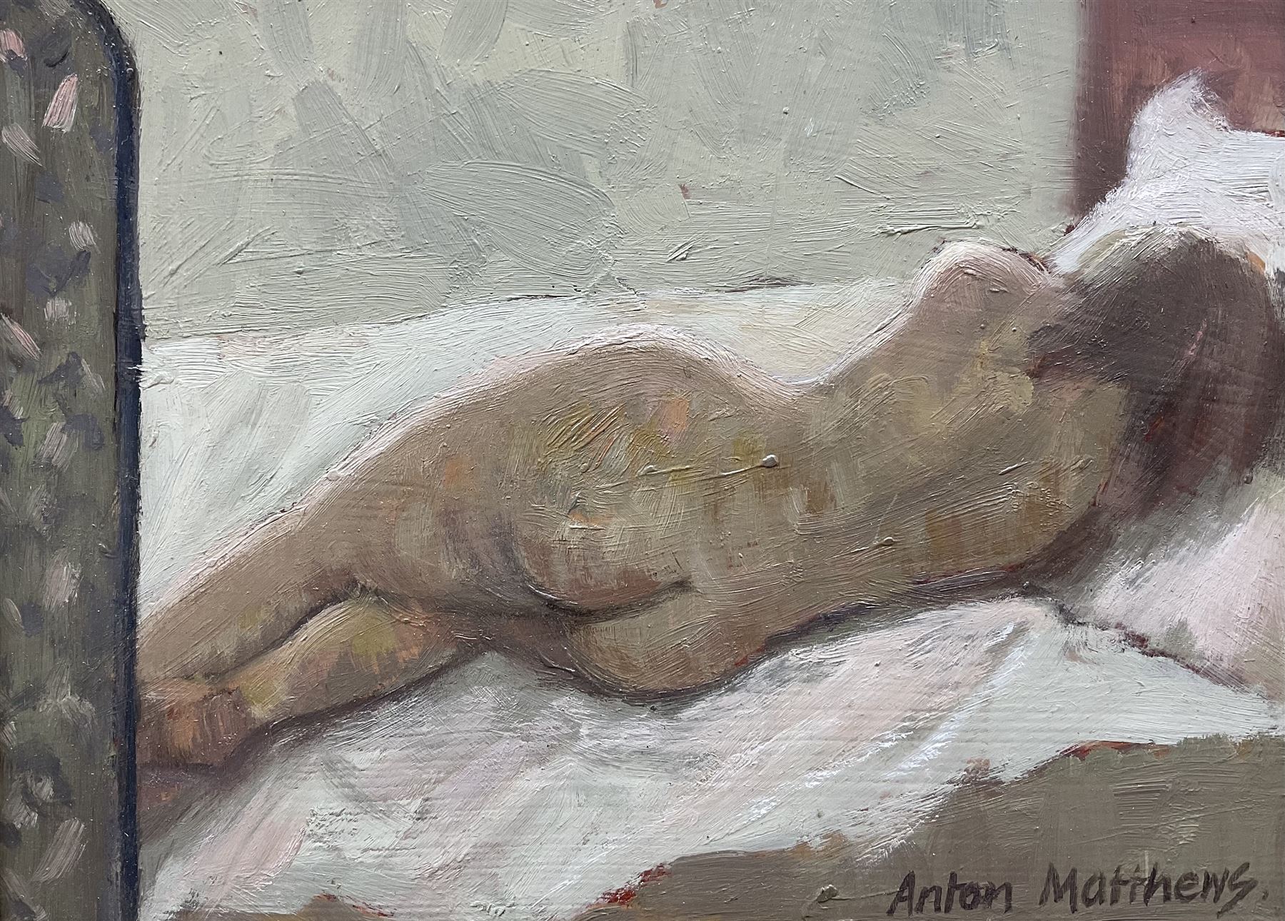 Anton Matthews RCA (British 1925-2008): 'Sleeping Nude', oil on board signed, titled verso 18cm x 25cm