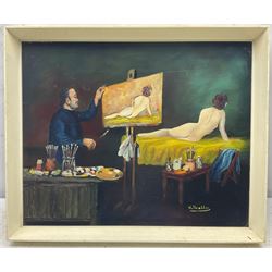 Walter E Shimbles (British 20th century): 'The Four Hand at Dominoes' - In the Pub, oil on board signed, titled on label verso with artist's Bradford address 37cm x 50cm; 'Artist and Model', oil on board signed, titled on partial label verso 40cm x 50cm; 'The Disputed Wager', oil on board signed, titled on label verso 50cm x 39cm (3)