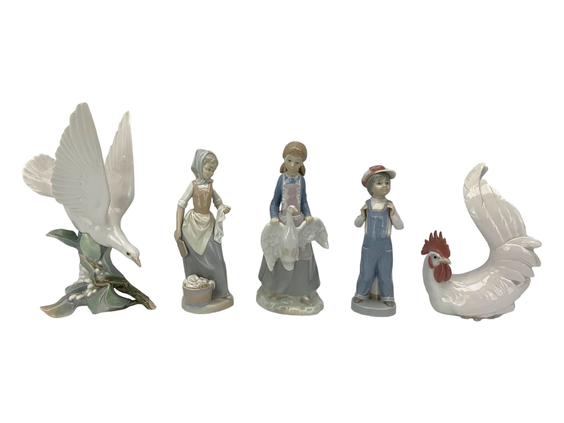 Seven Lladro figures including group of two doves, rooster, boy with accordion, deer, dove in flight , two geese and two Nao figures