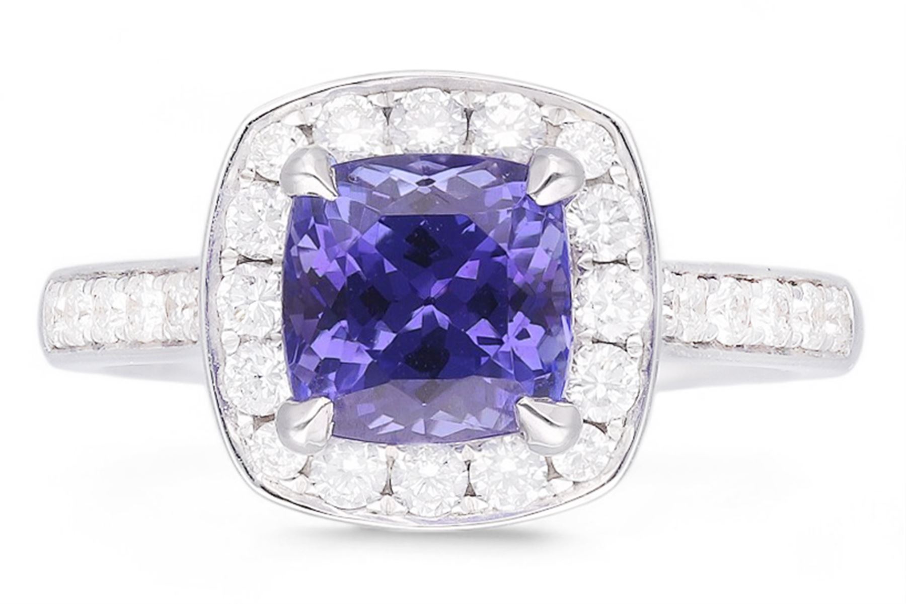 18ct white gold cushion cut tanzanite and round brilliant cut diamond cluster ring, with diamond set shoulders, hallmarked, tanzanite 2.25 carat, total diamond weight approx 0.55 carat