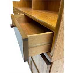 Nathan - teak wall unit, fitted with raised display cabinet and fall front compartment, three drawers and three cupboards below