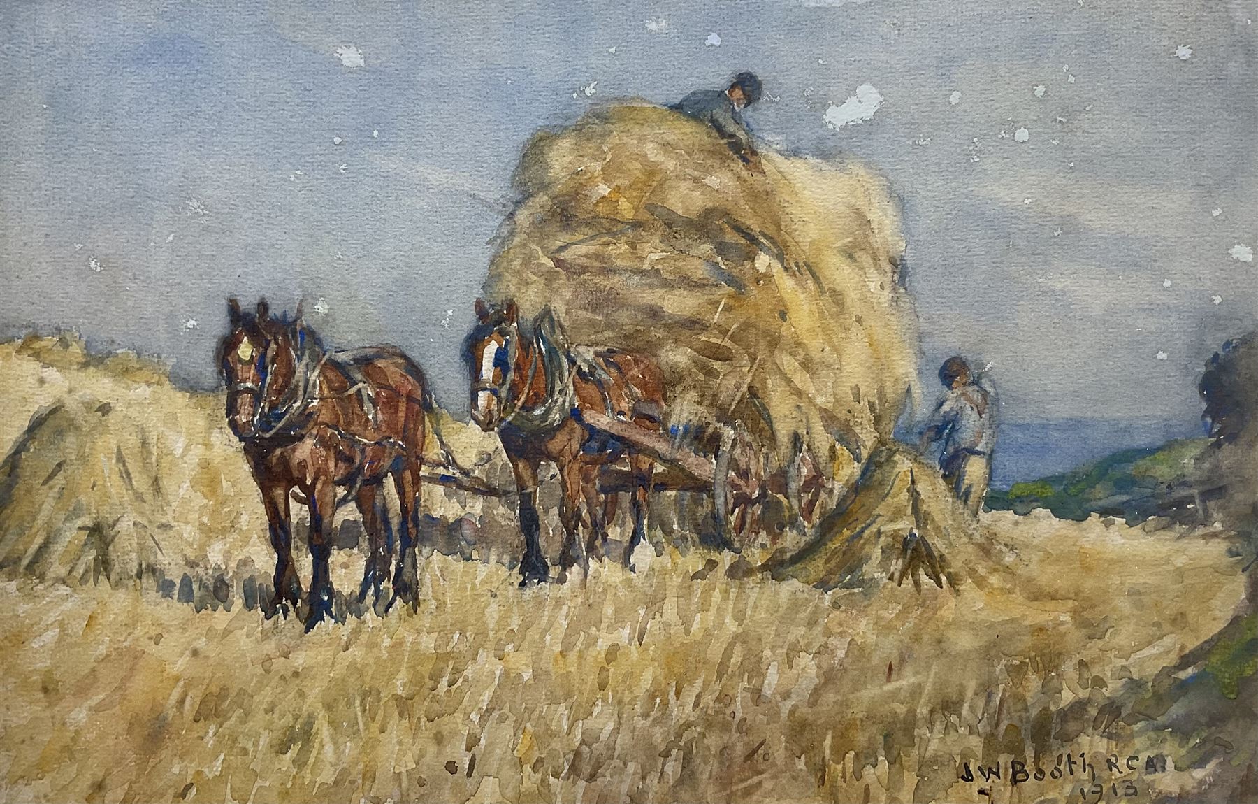 James William Booth (Staithes Group 1867-1953): Harvest Time, watercolour signed and dated 1913, 25.5cm x 40cm