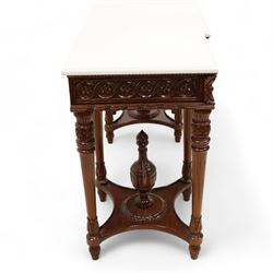 Regency design carved mahogany breakfront console table, white veined marble top