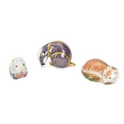 Three Royal Crown Derby paperweights, comprising Poppy Mouse, Badger and Leicestershire Fo...