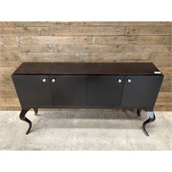 Rosewood finish four door sideboard, on cabriole legs