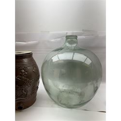 Salt glazed stoneware barrel together with a glass carboy, carboy H54cm  