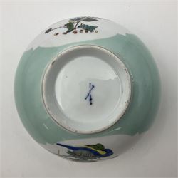 18th century Meissen turquoise ground bowl, circa 1740, decorated with two shaped reserves painted with Kakiemon type flowers, with gilt rim and band to short circular foot, with undergaze blue crossed swords mark to base, H7cm D15.5cm