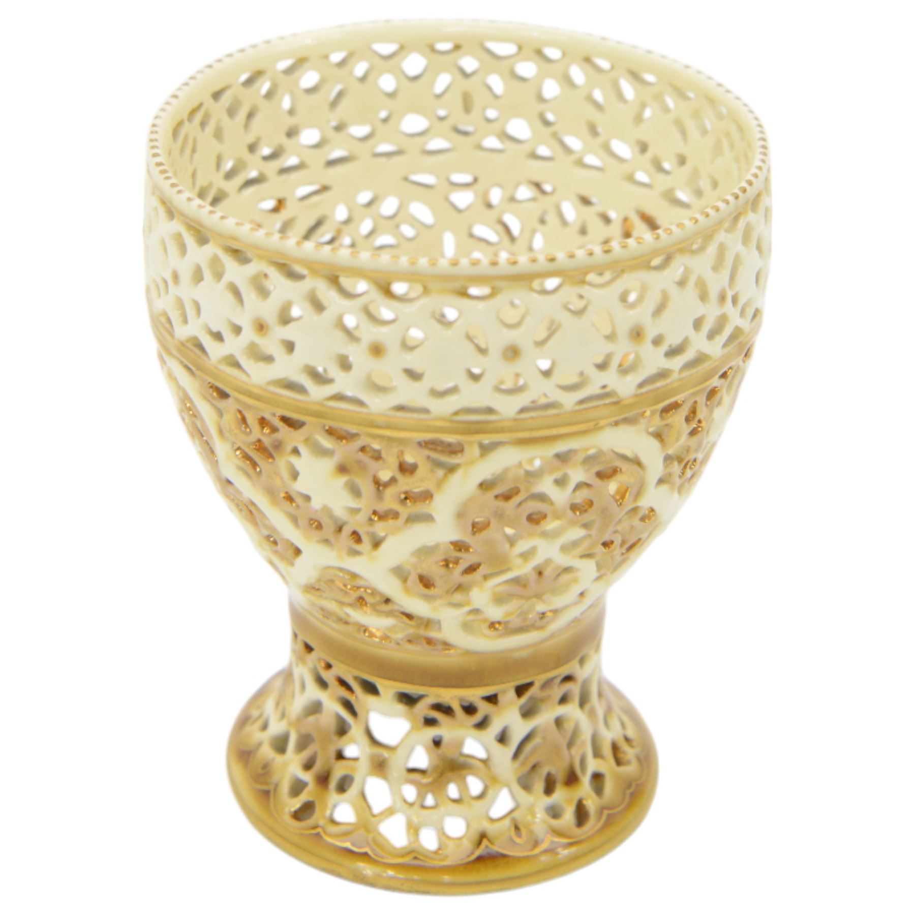 Zsolnay Pecs reticulated pedestal bowl, of goblet form, H10.5cm together with two Zsolnay style vases (3)