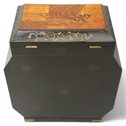 19th/ early 20th century Japanese parquetry and lacquer table cabinet, the brass mounted double doors  inlaid in mother-of-pearl, with a scene of a bird amongst branches, against a black lacquer ground, opening to an arrangement of six drawers, the top with hinged cover, and three further drawers, H36cm, D14cm, W29cm