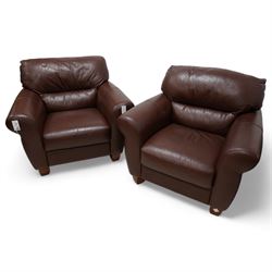 HTL - pair of traditional shape armchairs, upholstered in chocolate brown leather, on square tapering feet