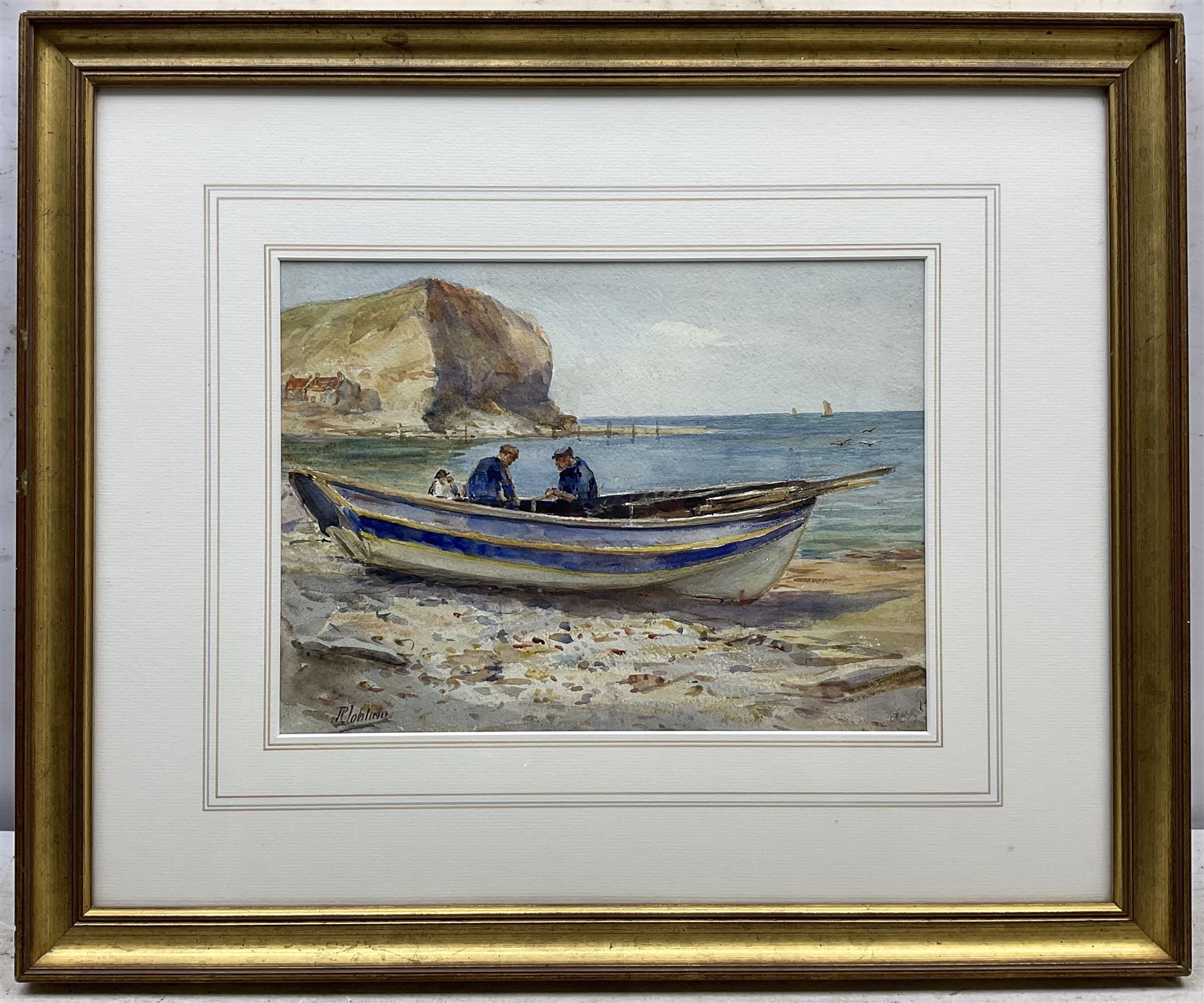 Robert Jobling (Staithes Group 1841-1923): Coble at Staithes, watercolour signed and dated 'Aug 1913', 24cm x 32cm