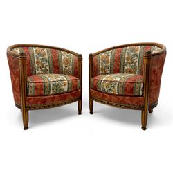 Pair of cherry wood framed tub-shaped armchairs, upholstered in striped floral fabric with...