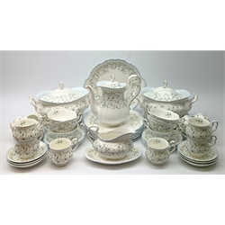 Royal Albert Caroline pattern tea and dinner wares, comprising teapot, six teacups and six saucers, six coffee cups and six saucers, six dinner plates, six dessert plates, six side plates, six twin handled soup bowls and six saucers, serving or sandwich platter, two tureen and covers, and a saucer boat and stand. 