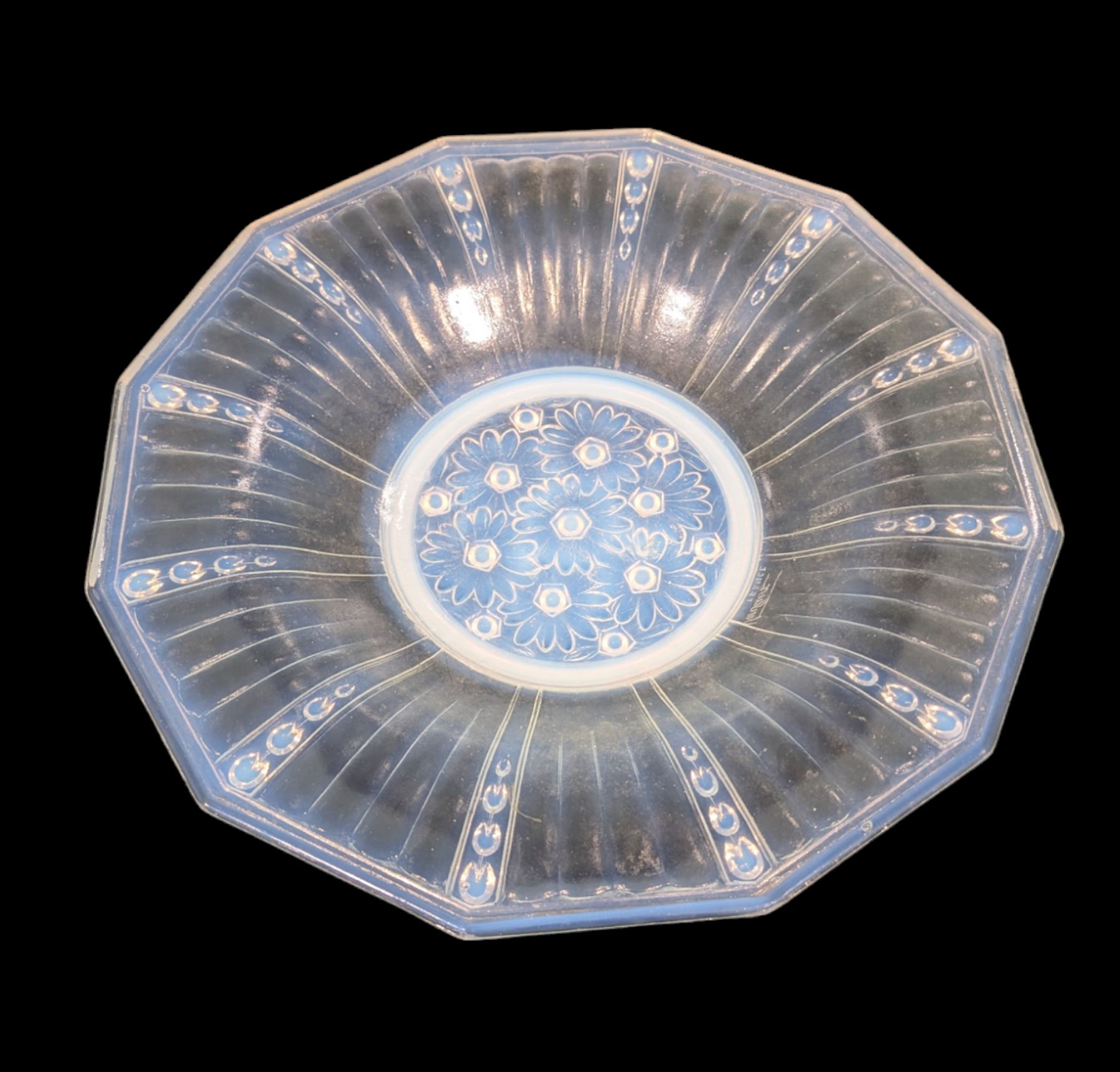 French pressed glass dish with floral decoration, D35cm