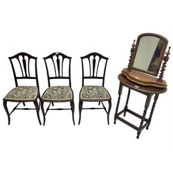 Set three Edwardian stained beech bedroom chairs, seat upholstered in tapestry fabric with pastoral scene and foliage, on cabriole supports; together with oak barley twist side table and a Victorian walnut dressing table mirror (5)