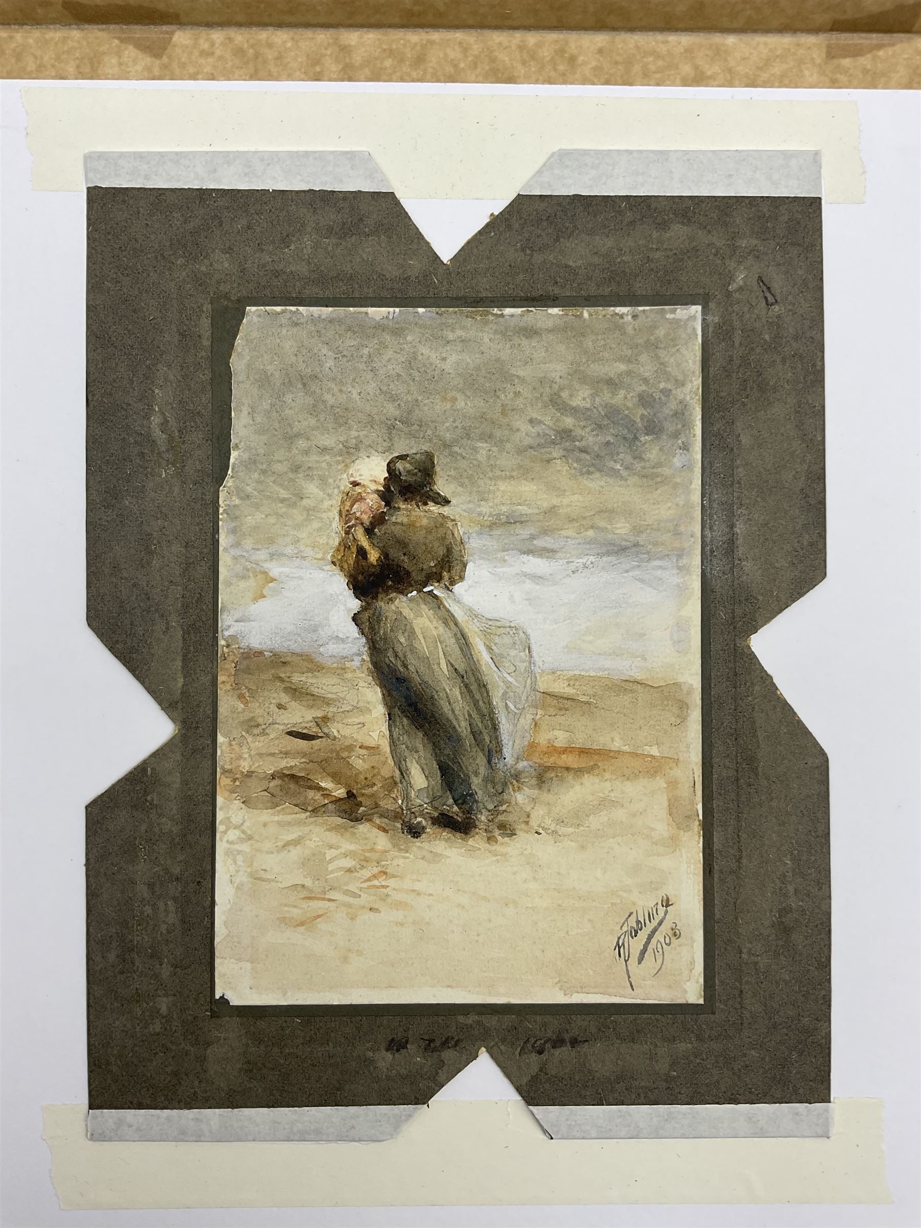 Robert Jobling (Staithes Group 1841-1923): Looking Out to Sea - Staithes Fisherwoman and Daughter, watercolour signed and dated 1908, 15cm x 10cm (mounted)