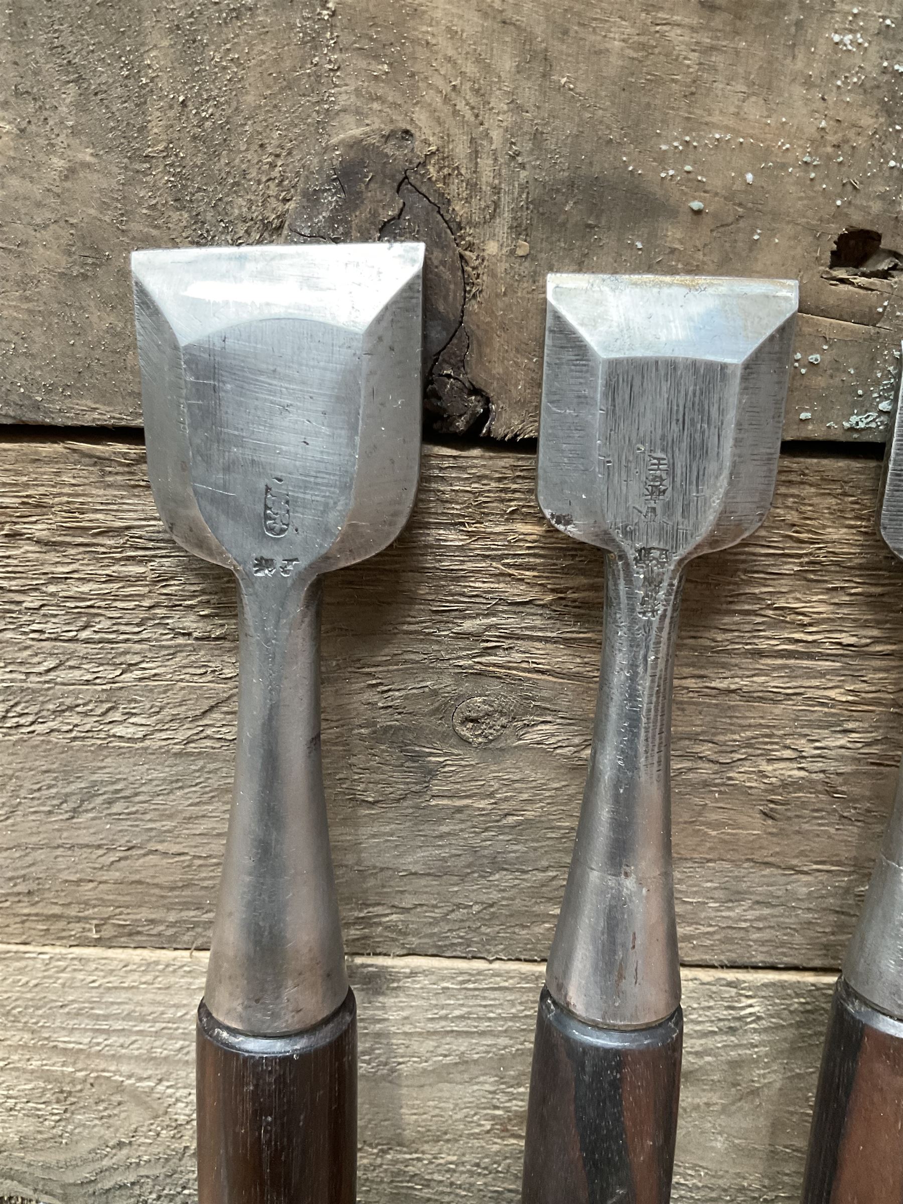 Set of eight Japanese handmade carpenters chisels with rosewood handles, stamped blades - THIS LOT IS TO BE COLLECTED BY APPOINTMENT FROM DUGGLEBY STORAGE, GREAT HILL, EASTFIELD, SCARBOROUGH, YO11 3TX