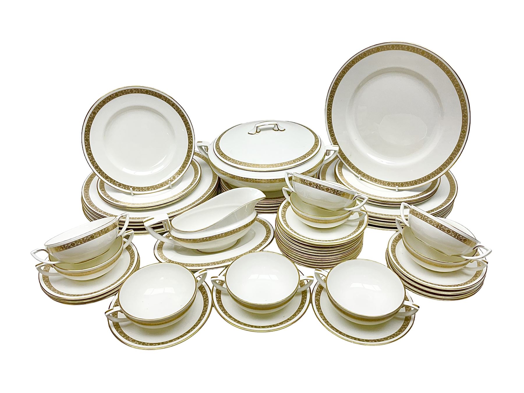 Royal Worcester Golden Anniversary pattern dinner wares, including ten dinner plates, twelve side plates, eight twin handled bowls and saucers, covered tureen (55)