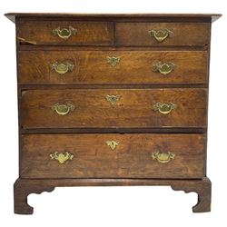 George III oak chest, moulded rectangular top over two short and three long graduating drawers, raised on bracket feet