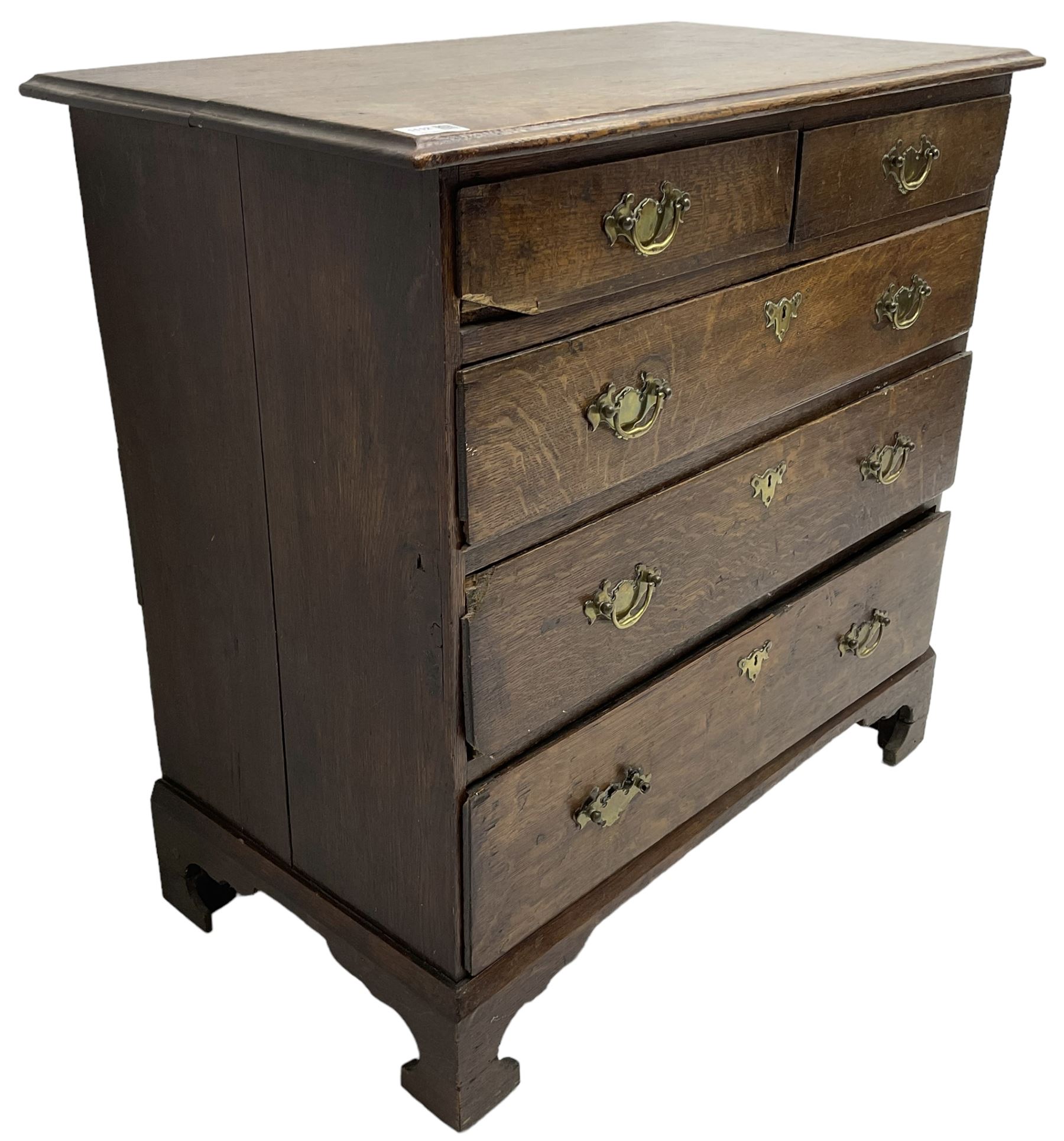 George III oak chest, moulded rectangular top over two short and three long graduating drawers, raised on bracket feet