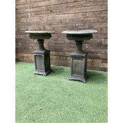 Pair of Victorian design cast stone squat garden urns, egg and dart border, raised on pedestal base and square fielded plinth - THIS LOT IS TO BE COLLECTED BY APPOINTMENT FROM DUGGLEBY STORAGE, GREAT HILL, EASTFIELD, SCARBOROUGH, YO11 3TX