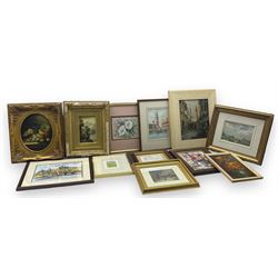 Group of original oils mostly indistinctly signed, watercolours including Edith Buxton, T Orsini etc and a large collection of engravings in one box (approx. 32)