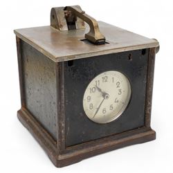 Early 20th century- Pidgeon clock, cast steel case with a silver finished lid and cast bra...