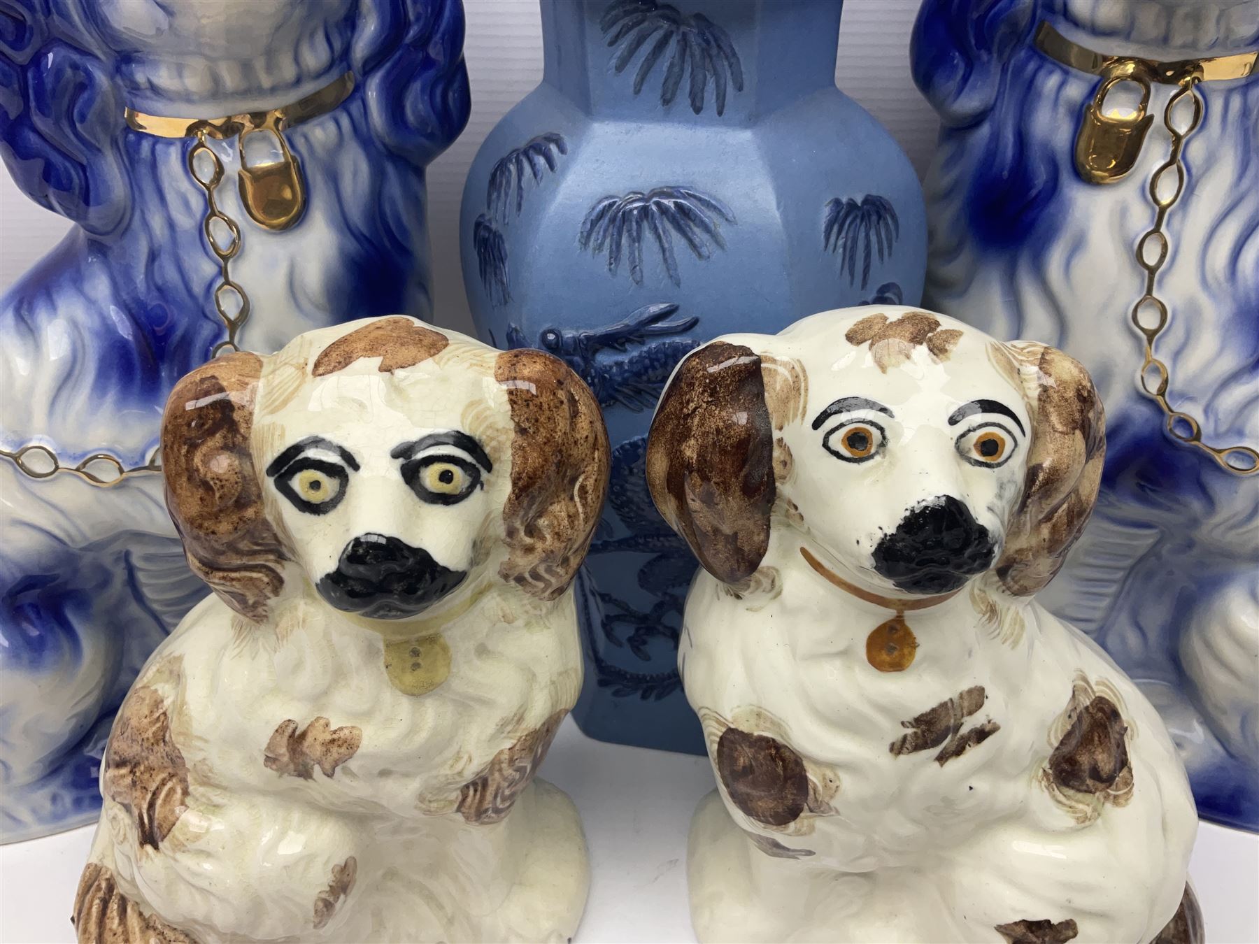 Pair of blue Staffordshire style dogs, together with a smaller brown pair, fish vase, oriental style ginger jar and four preserve jars including a Shelley example